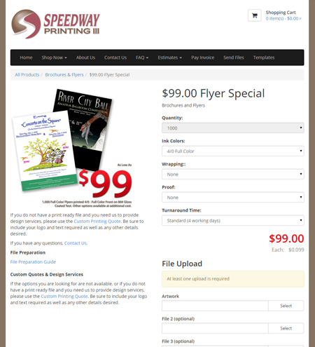 Custom printing storefront 99 dollar special page